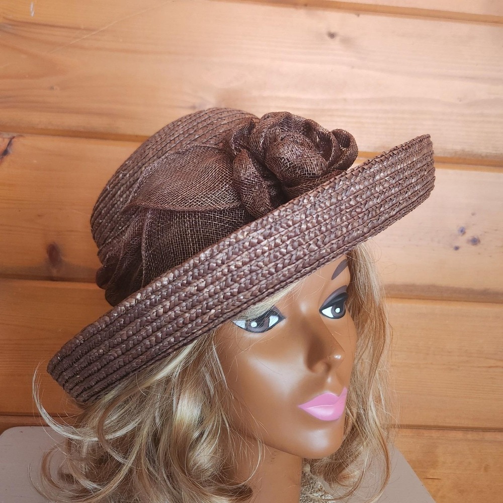 BETMAR New York A241 Vintage Brown 100% Straw Hat Mesh Flower Church Derby